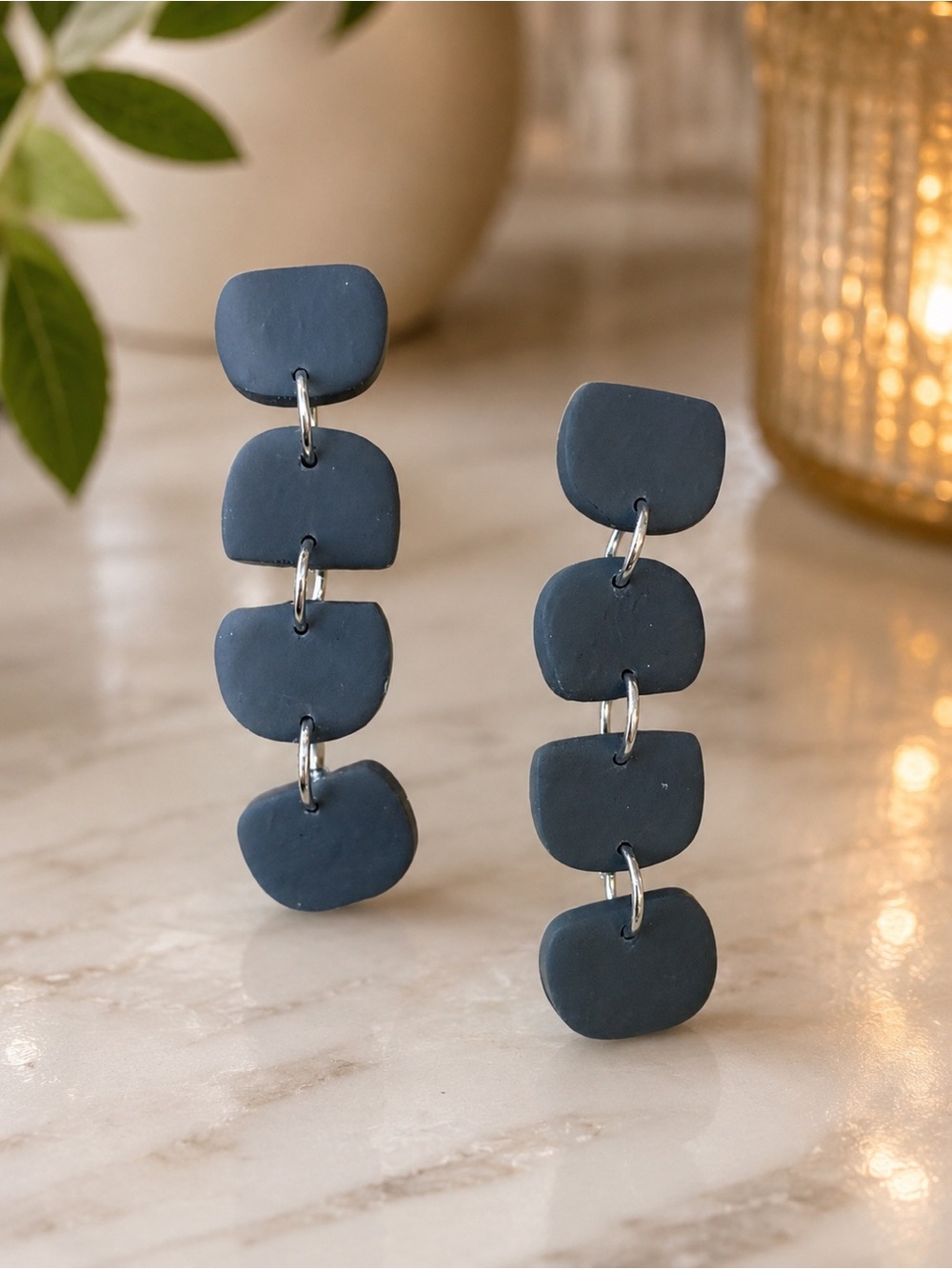 Navy Blue Dangle Handmade Polymer Clay Earrings - Women Jewelry